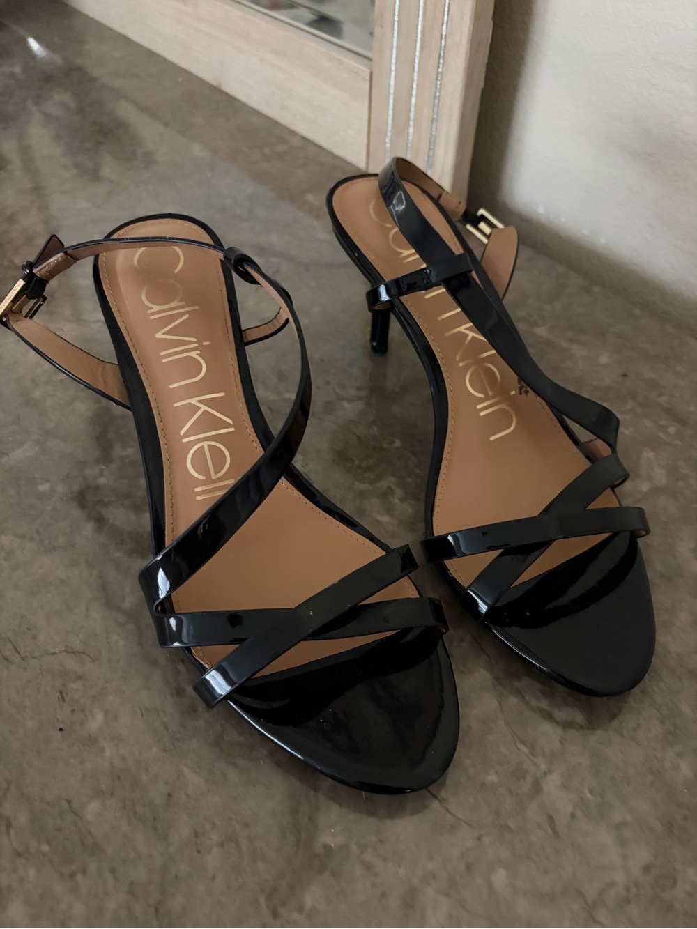 Vintage Y2K Calvin Klein Black Patent Strappy Slingback Kitten Heels